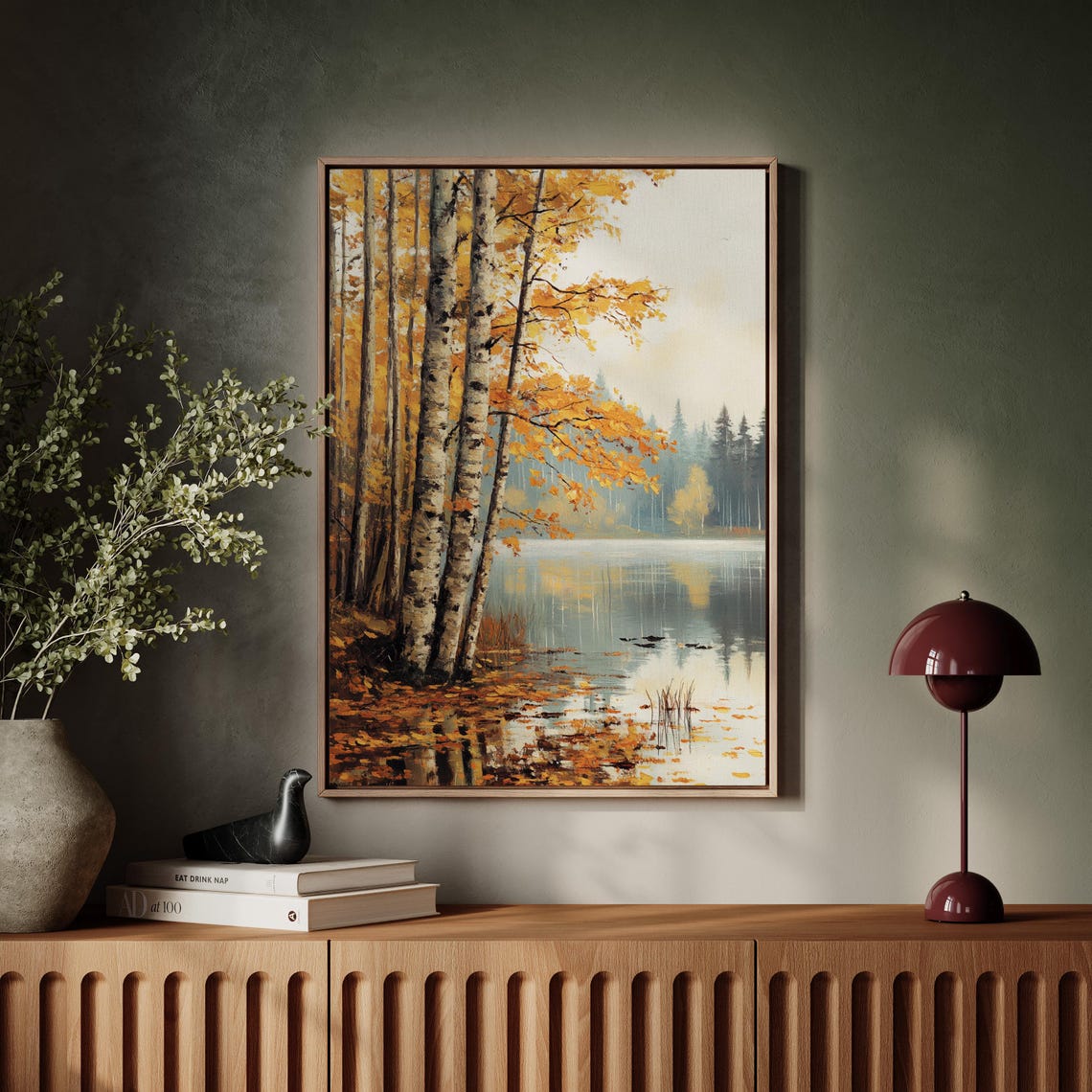 Autumn Birch Trees By A Lake With Reflection Painting Poster - Image 3