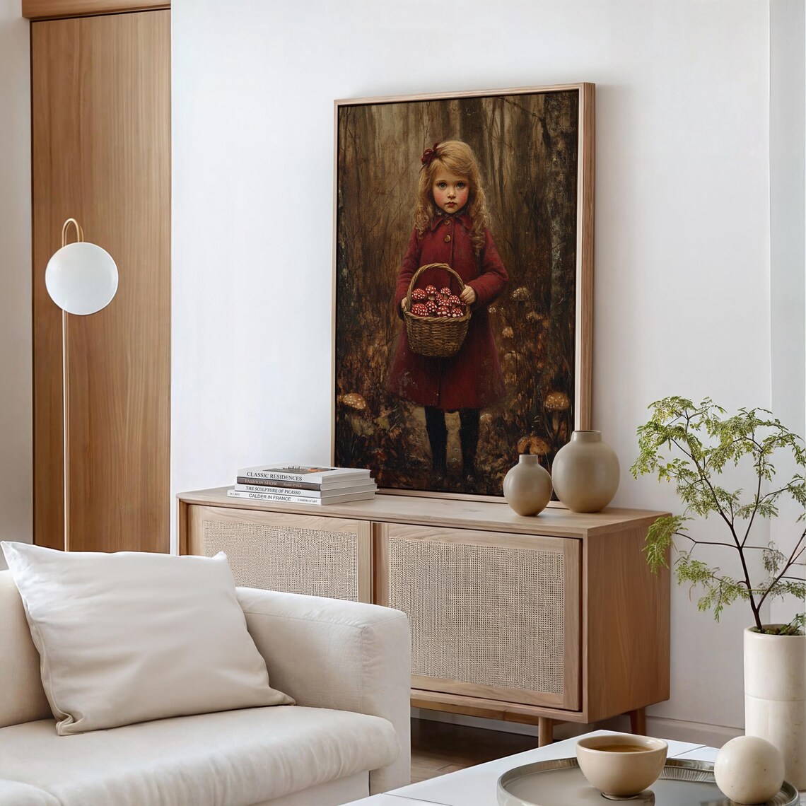 Little Girl in Red Coat With Basket of Mushrooms, Vintage - Image 5