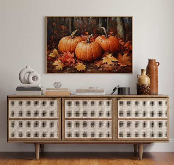 Three Autumn Pumpkins Fall Leaves Rustic Harvest Season Wall Poster