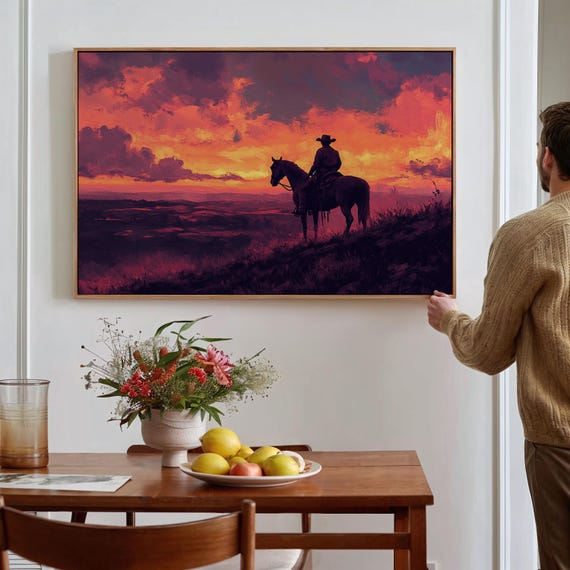 Cowboy At Sunset Art Western Landscape Wall Decor Rustic Ranch Poster Vintage Desert Scene