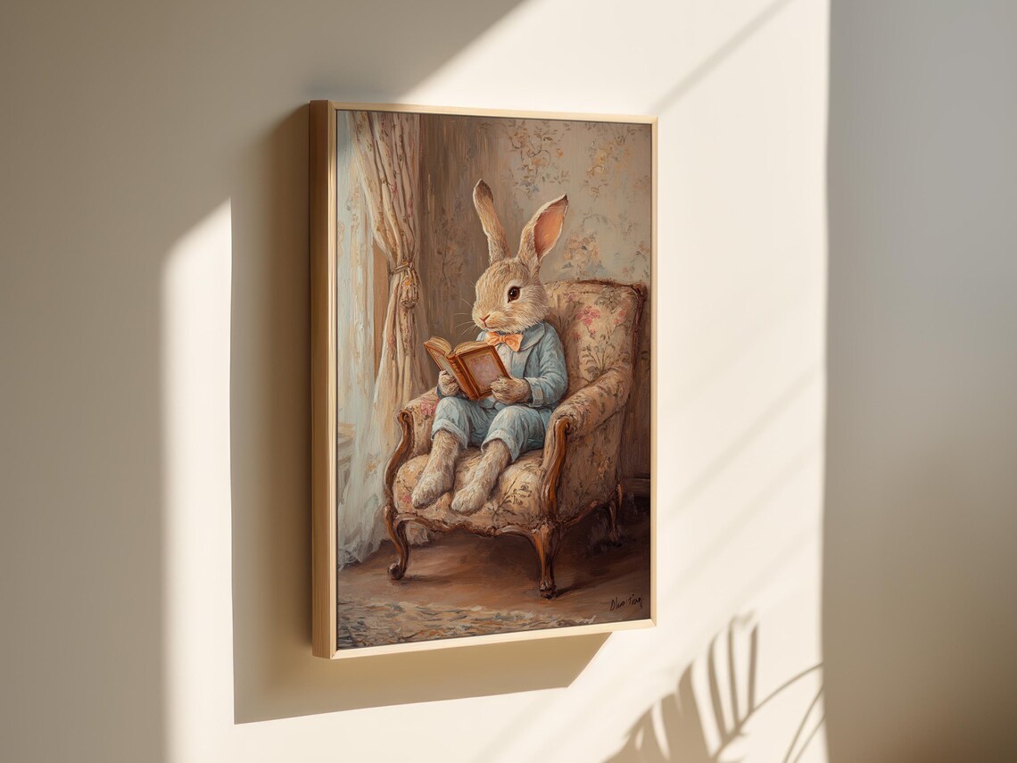 Whimsical Bunny Reading Book In Floral Armchair Nursery Poster - Image 6