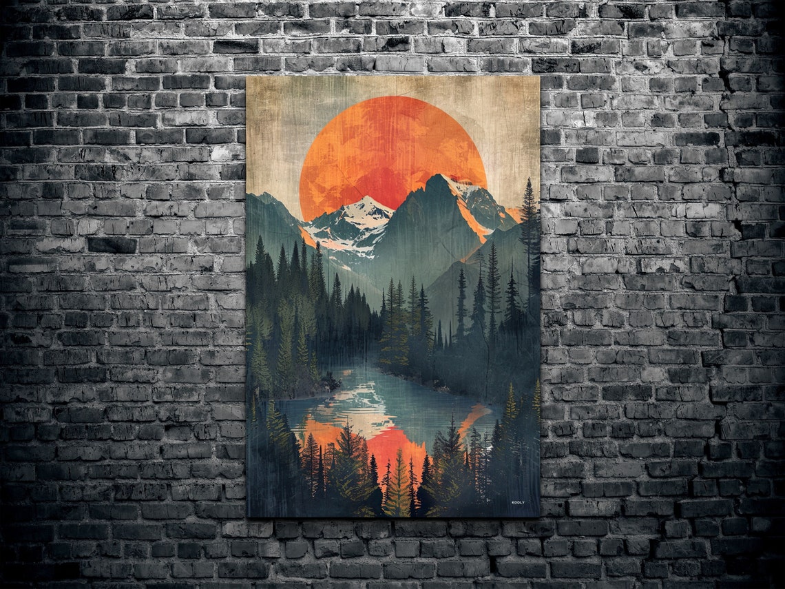 Mid Century Mountain Lake Sunset Pine Forest Landscape Wall Art - Image 2