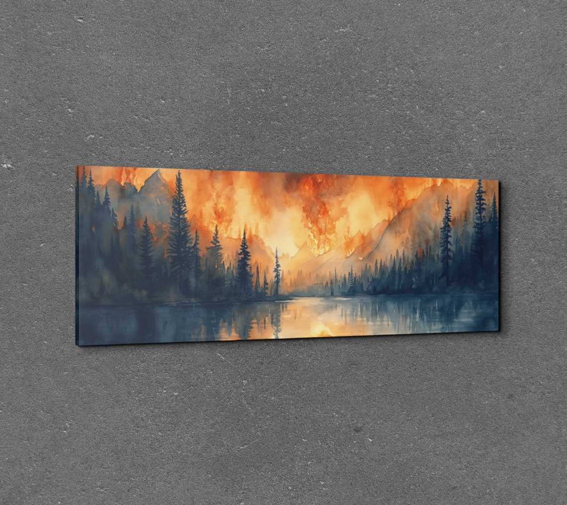 Panoramic Watercolor Forest Fire Wall Art - Image 3