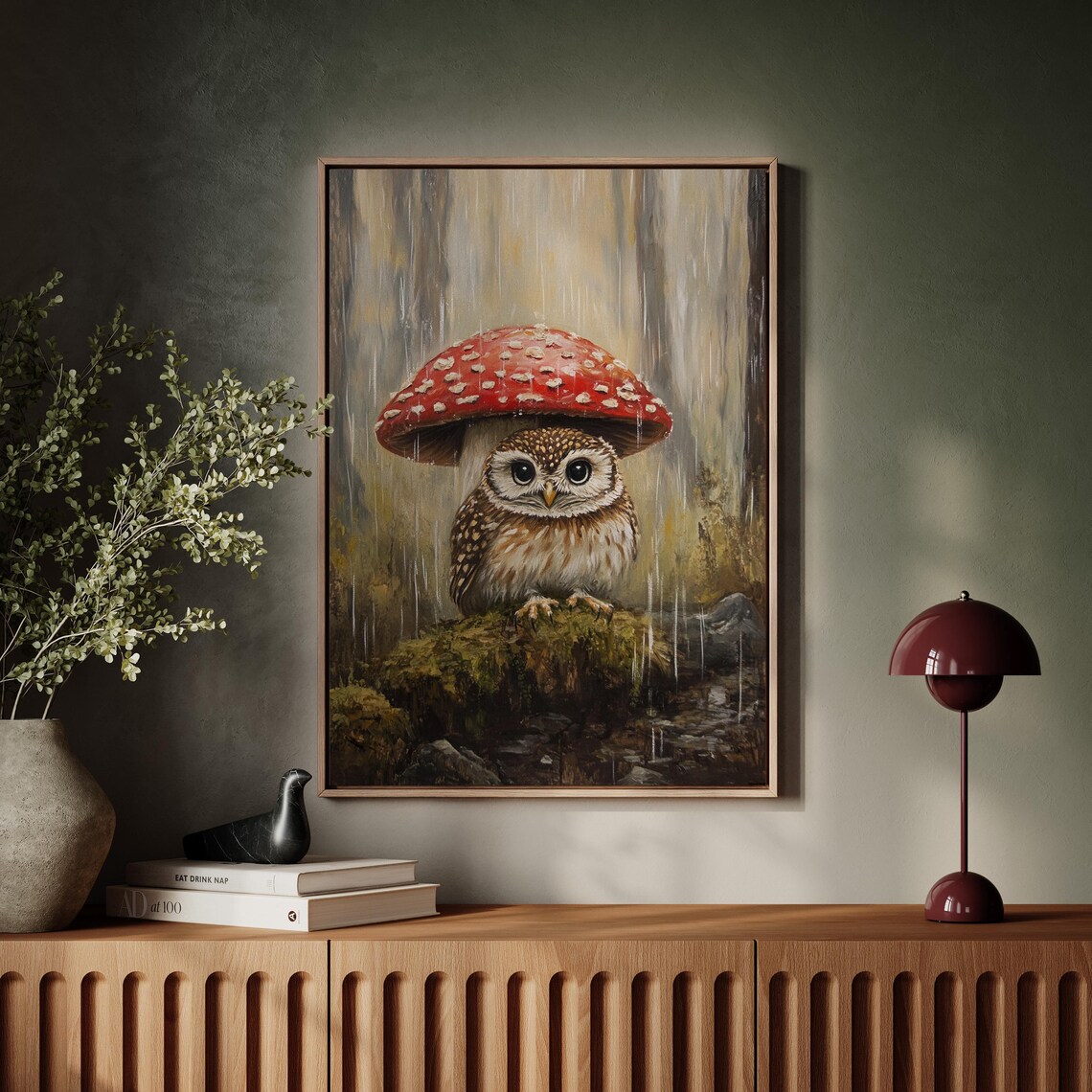 Enchanted Owl Under Red Mushroom, Woodland Art Print