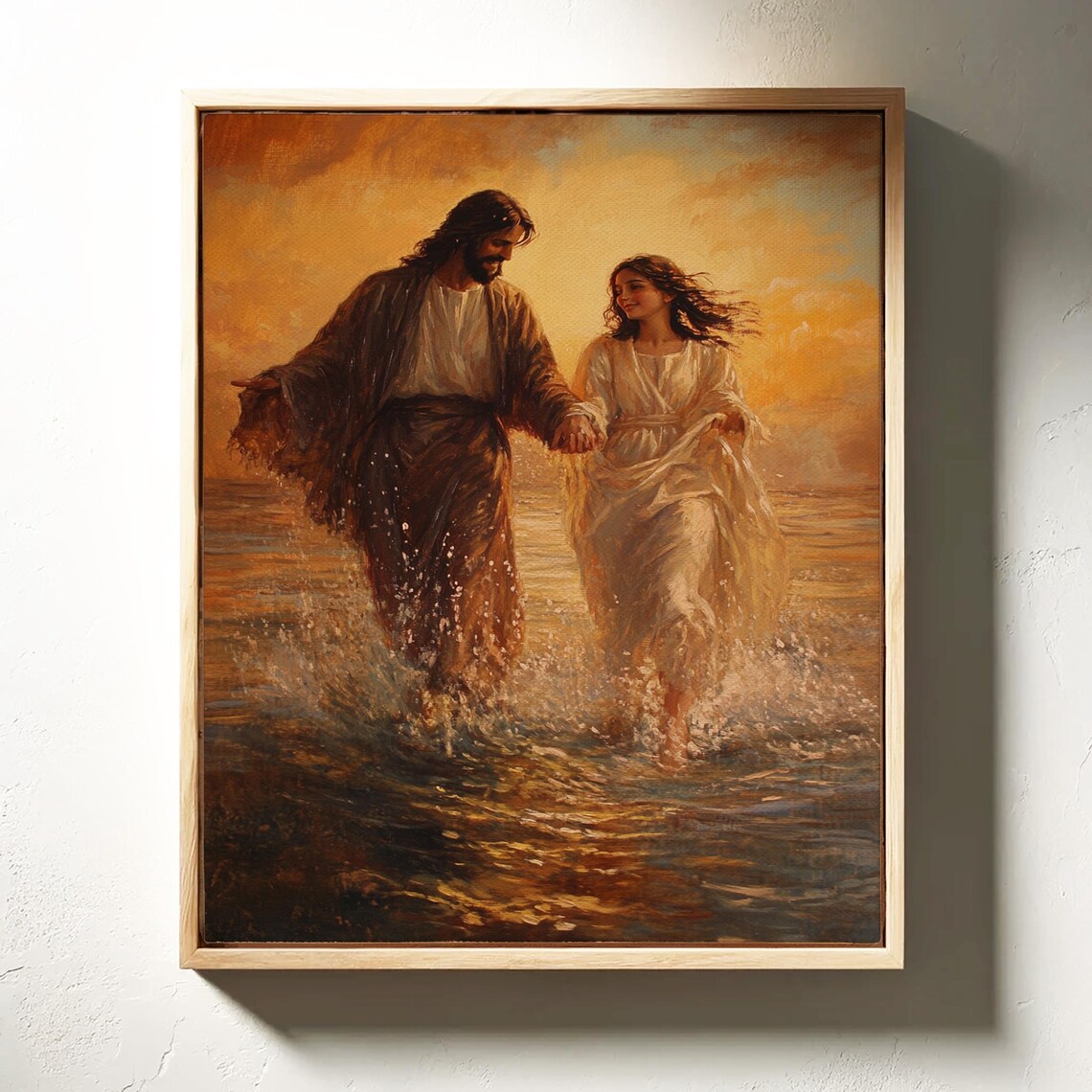 Jesus Walking On Water With Woman Sunset Christian Love Poster