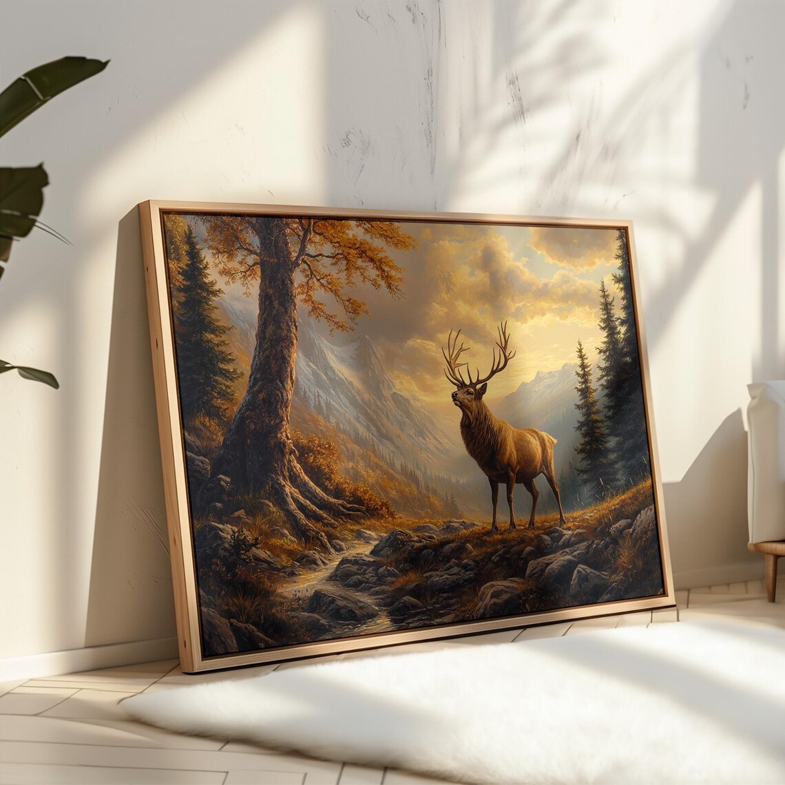 Bugling Elk In Autumn Mountains, Vintage Wildlife Art