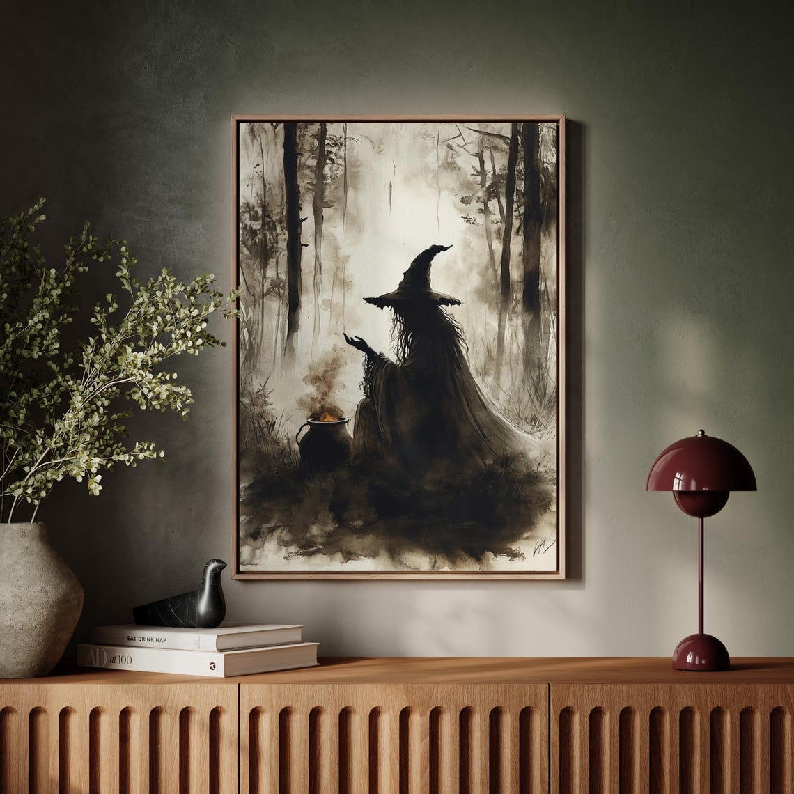 Witch in the Woods Watercolor Halloween Art Print