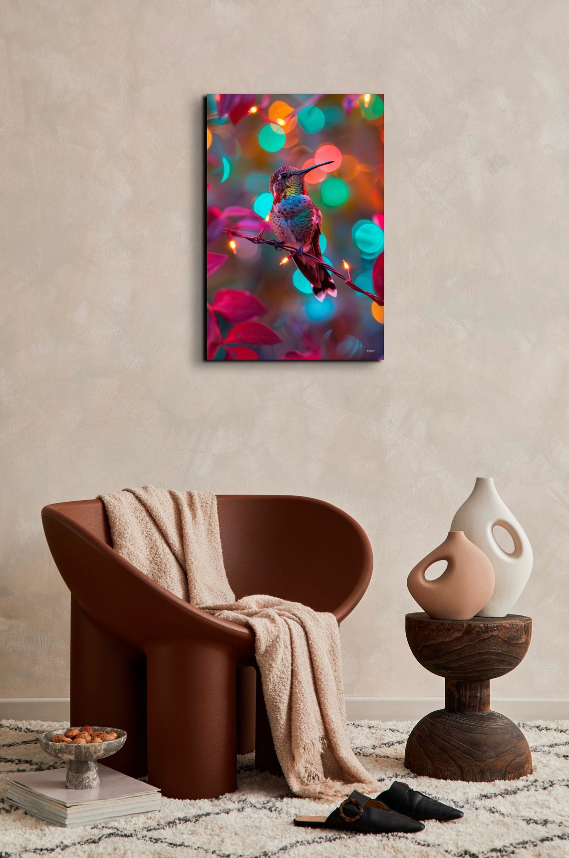 Colorful Hummingbird Perched on Glowing String Lights Poster - Image 3