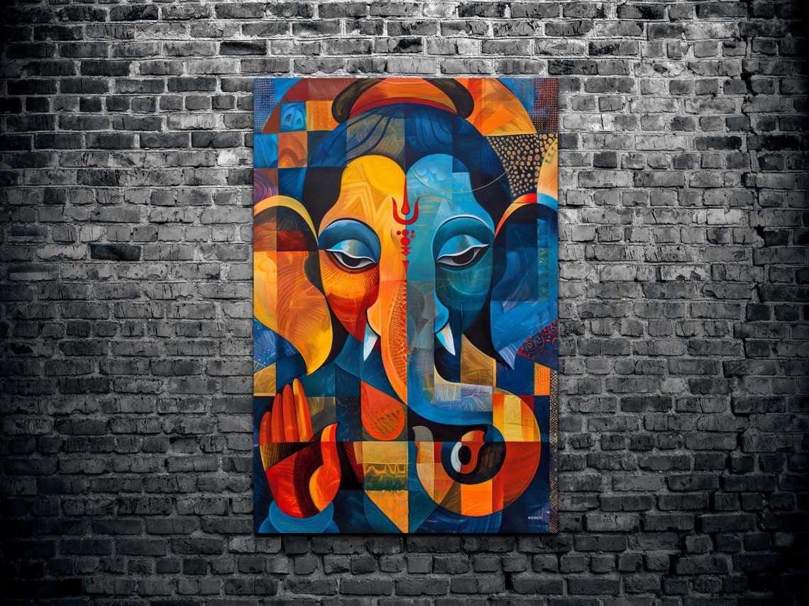 Geometric Cubist Ganesha Portrait in Bold Blue and Orange Wall Art - Image 2