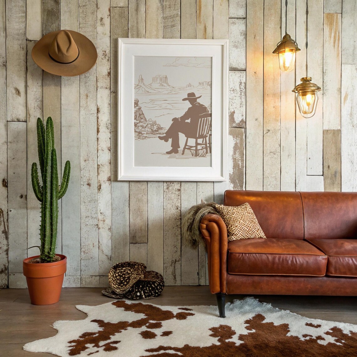 Cowboy Silhouette Resting Overlooking Desert Mesa Sepia Wall Art