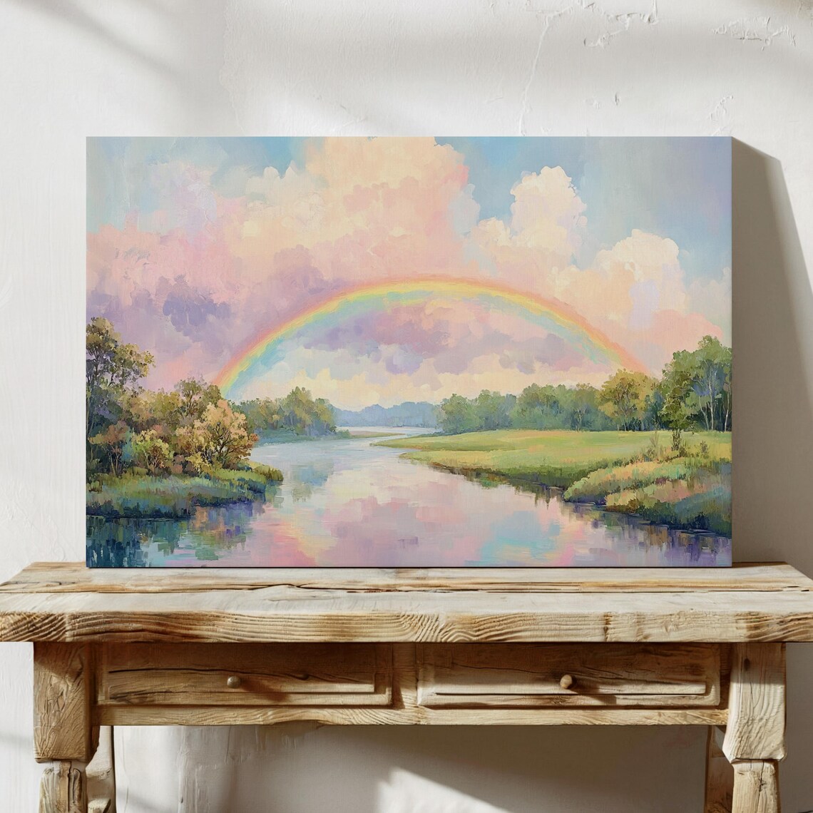 Vivid Rainbow Over Peaceful River Pastel Landscape Painting Poster - Image 6