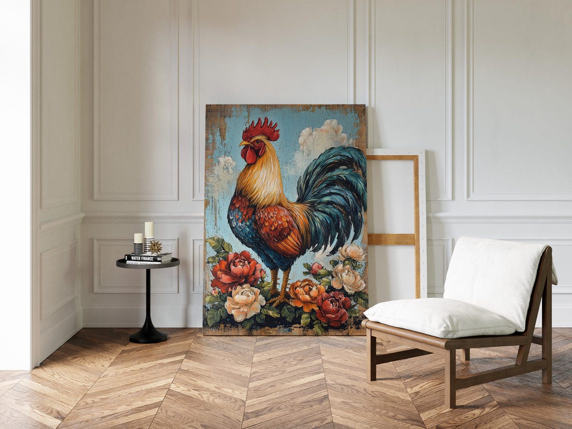Rustic Rooster With Roses Vintage Farmhouse Kitchen Art Poster