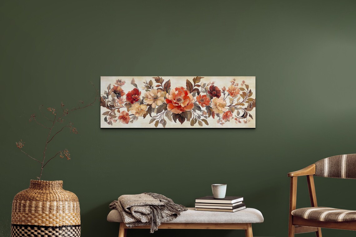 Autumn Poppy Flower Garland Panoramic Vintage Floral Art Poster - Image 3