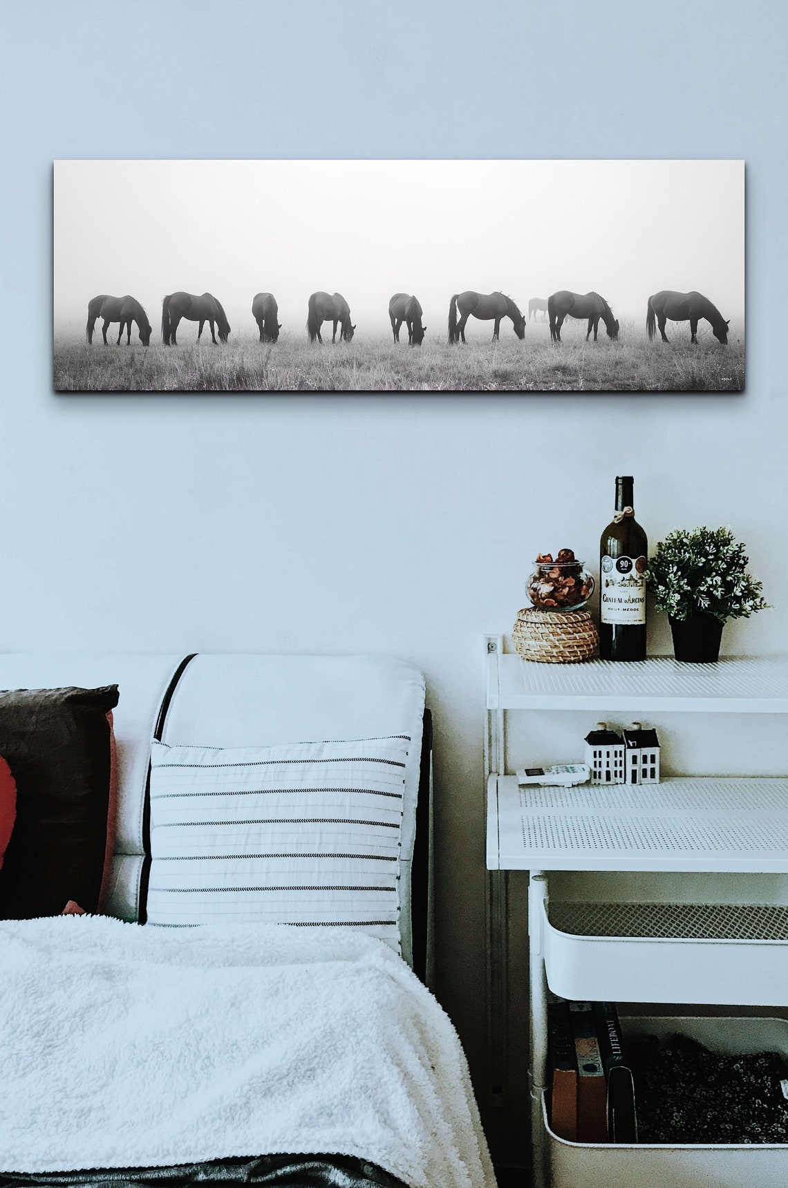 Black And White Horses Grazing In Mist Panoramic Wild Herd Poster - Image 6