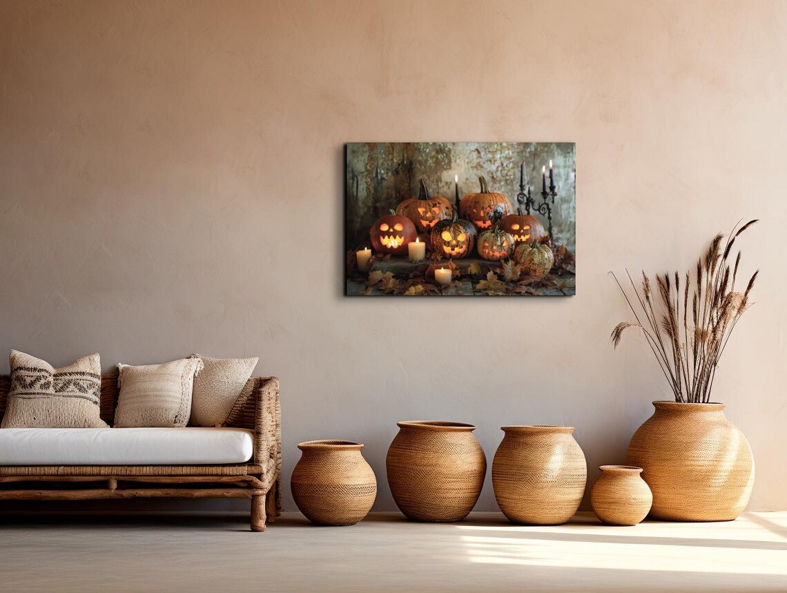 Glowing Jack O Lantern Pumpkins With Candles Among Autumn Leaves Poster - Image 7