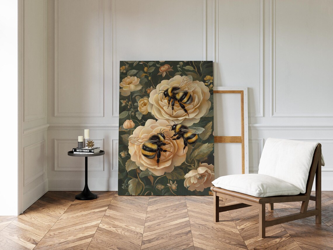 Bumblebees on Cream Roses Vintage Botanical Garden Nature Poster - Image 3