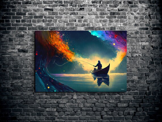 Cosmic Fisherman Ocean Boat Starry Night Galaxy Painting Poster