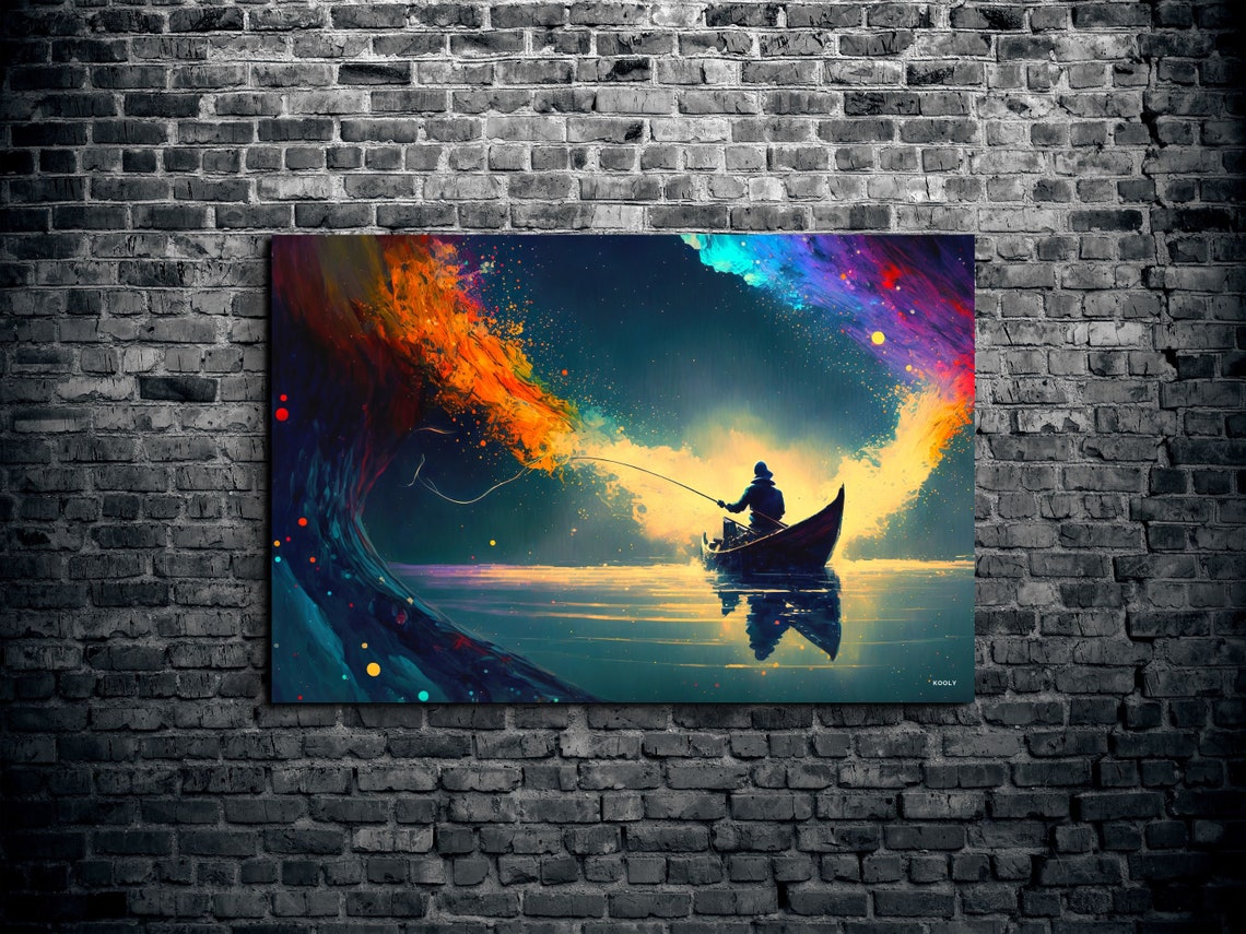 Cosmic Fisherman Ocean Boat Starry Night Galaxy Painting Poster