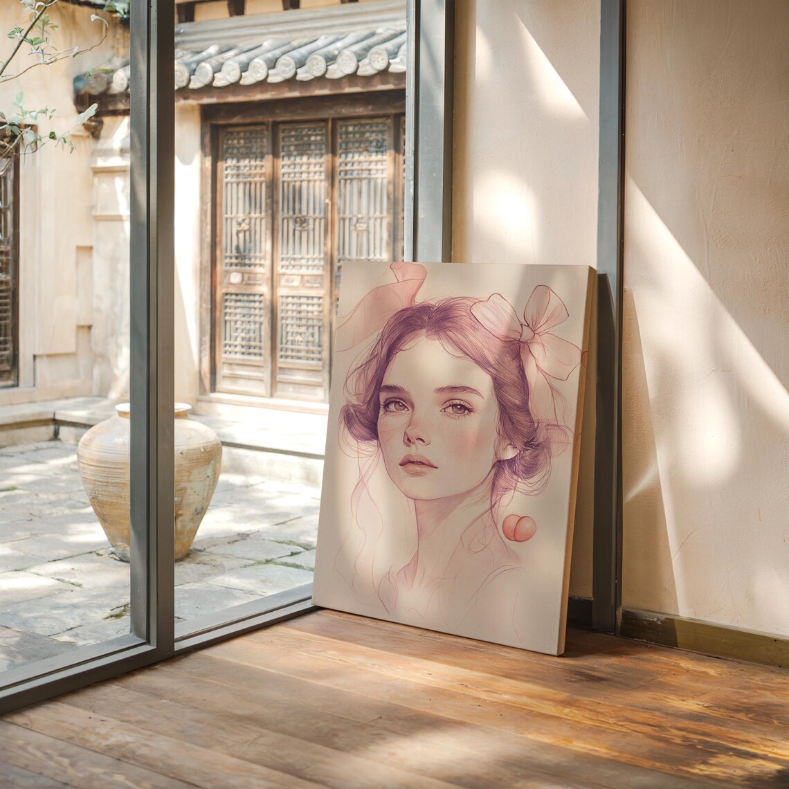 Romantic Ribbon Portrait Of Woman With Peach Blush Tones Art Print
