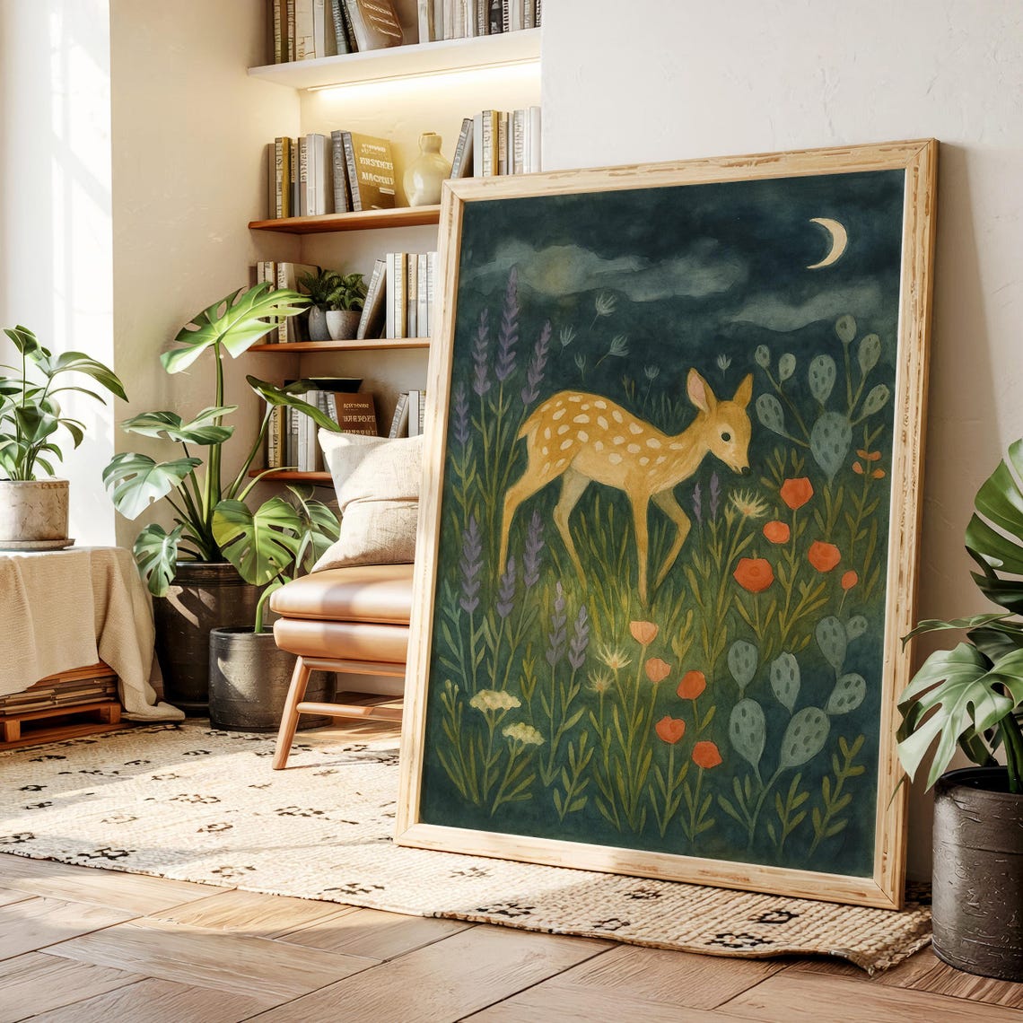 Whimsical Deer Under Moonlight Watercolor Forest Fawn Canvas With Wildflowers And Crescent Moon