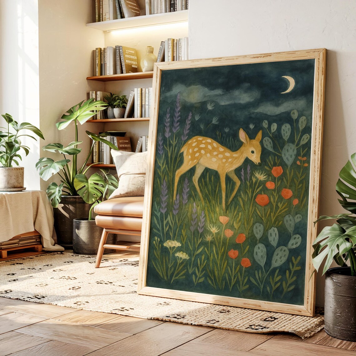 Whimsical Fawn Under Crescent Moon Watercolor Night Forest Flower Poster