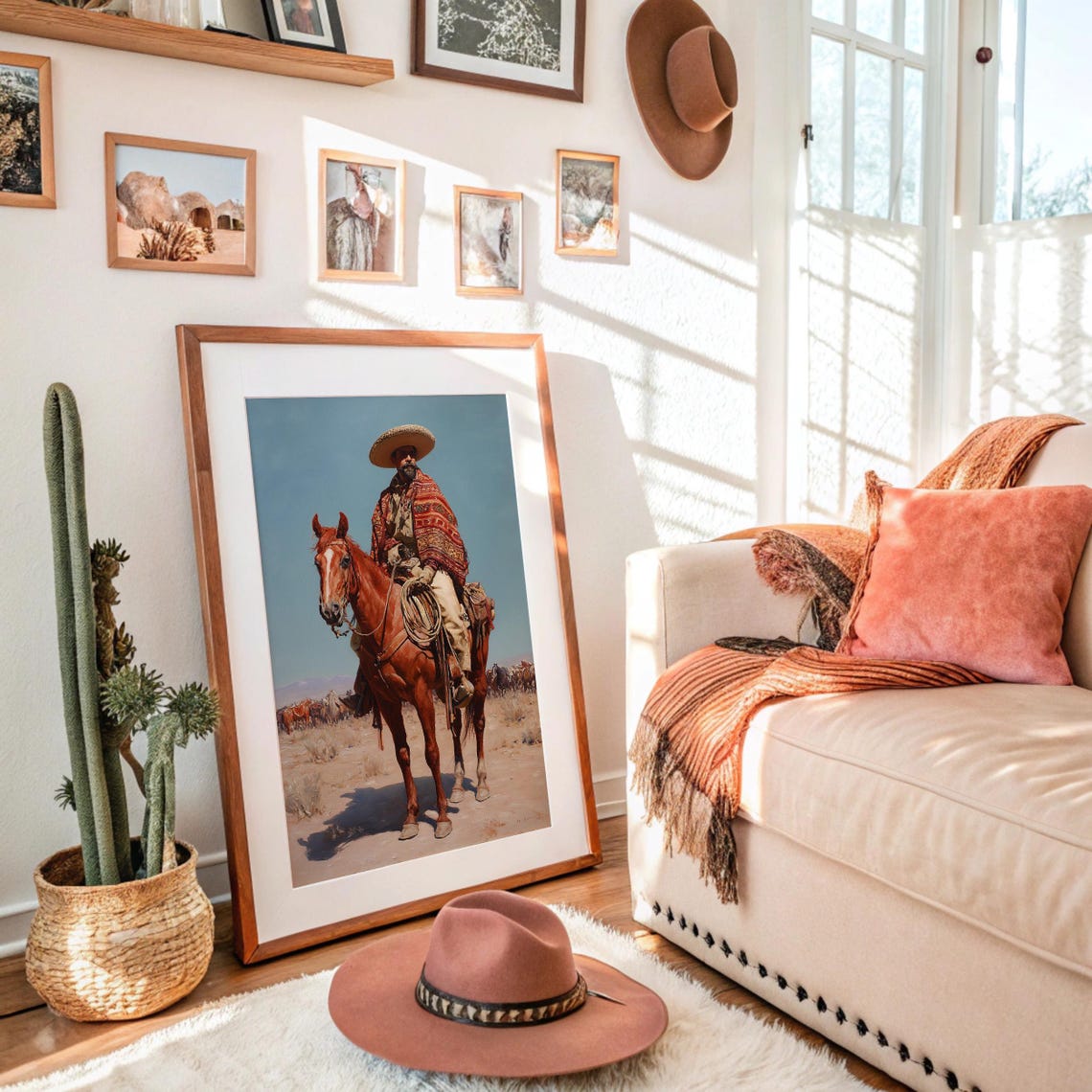 Mexican Vaquero on Horseback in Desert Poncho Western Art Print