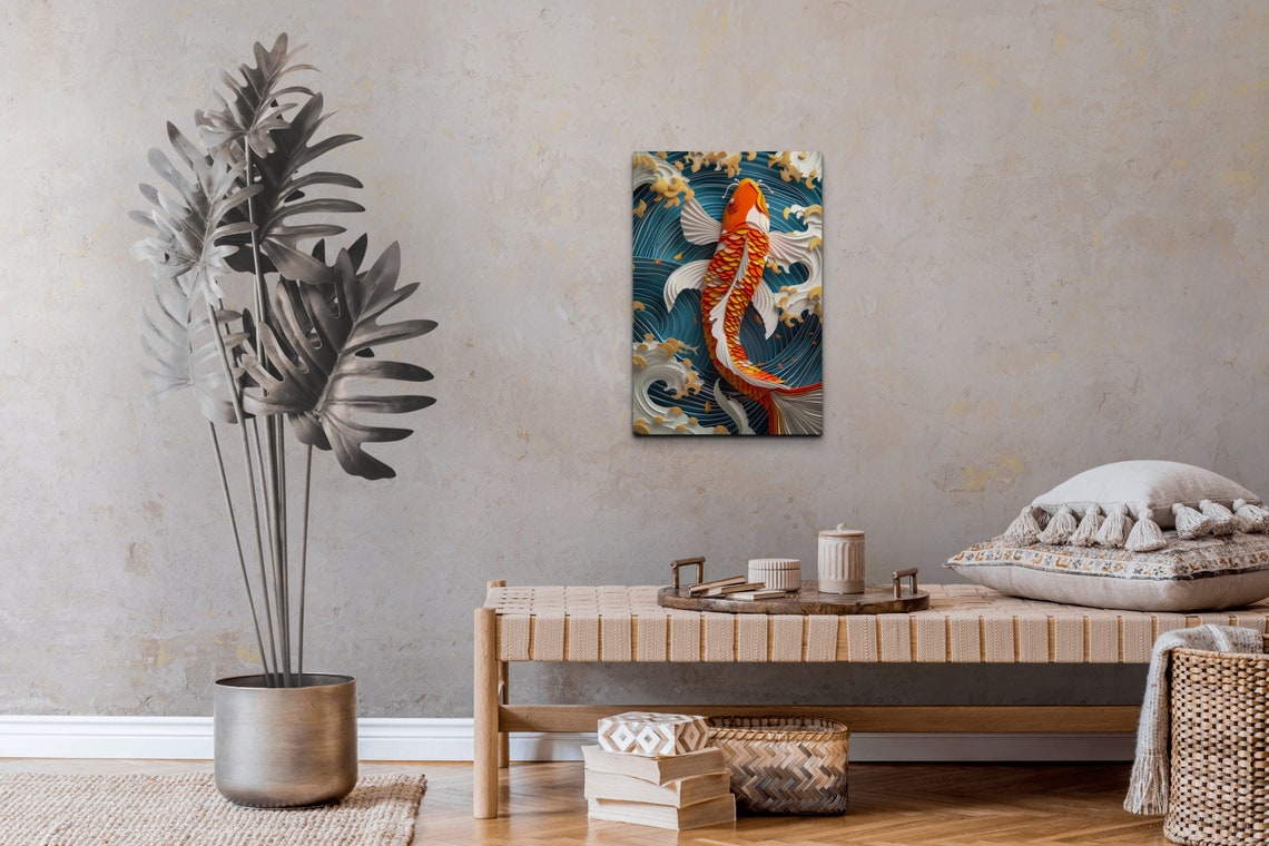 Orange Koi Fish Blue Ocean Waves Gold Clouds Japanese Poster - Image 5