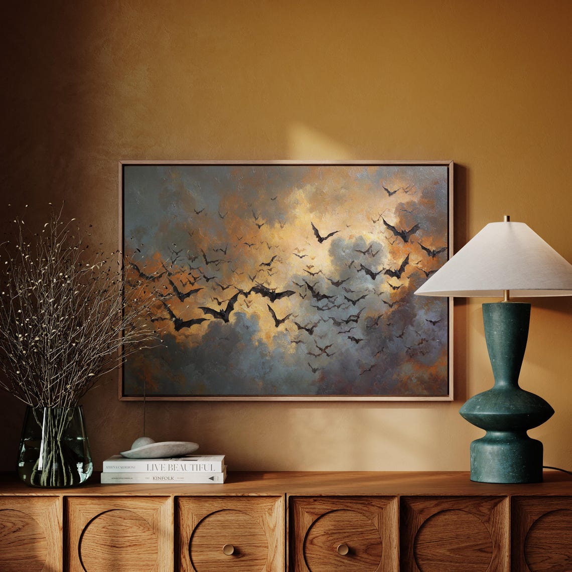 Flight of Bats at Dusk, Spooky Autumn Sky Poster