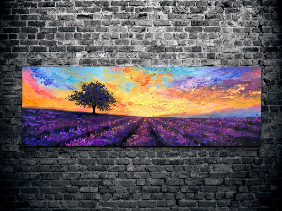 Golden Sunset Lavender Fields Blazing Sky Oil Painting Wall Poster - Image 2