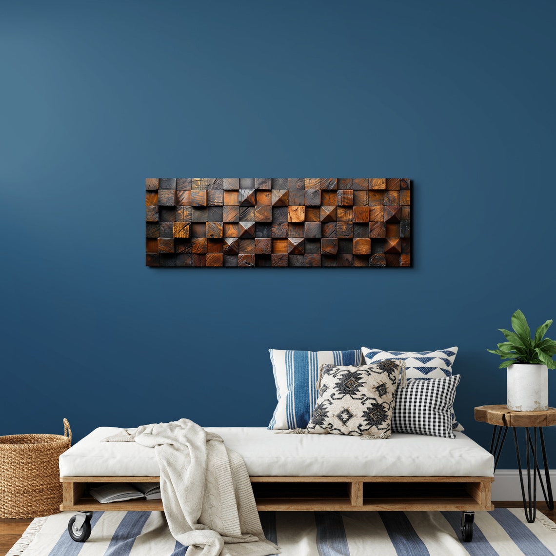 Dark Carved Wood Block Grid 3D Textured Rustic Panoramic Poster - Image 5
