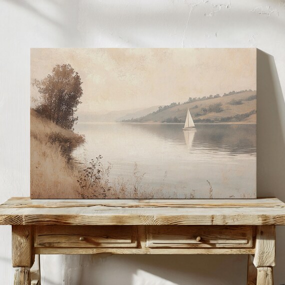 Tranquil Neutral Sailboat On Calm Beige Lake Minimalist Serene Coastal Scene Poster