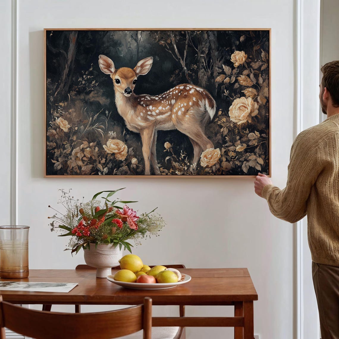 Spotted Fawn In Dark Forest With Golden Roses Artwork Poster - Image 6