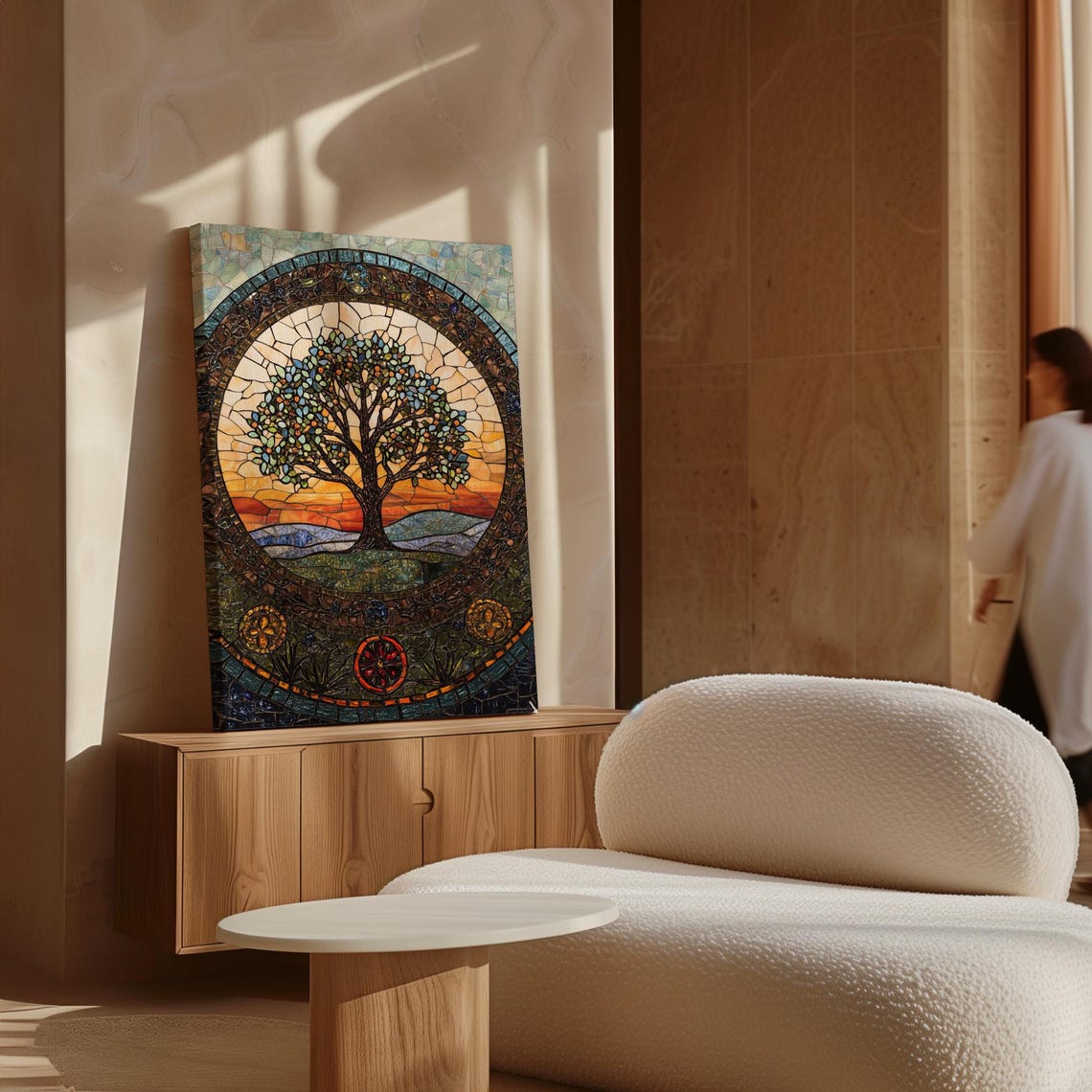 Stained Glass Tree Of Life Mosaic At Orange Sunset With Hills Poster - Image 6