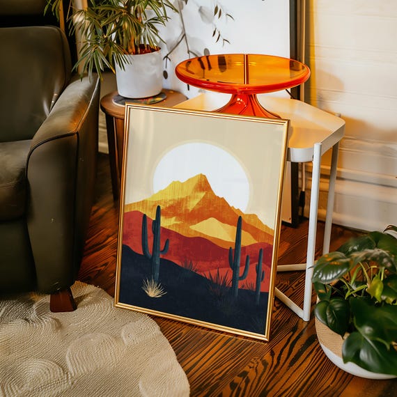 Desert Cactus Sunset Canvas Wall Art Bold Western Landscape With Saguaro And Red Mountains Retro Southwest Nature Print For Home Decor