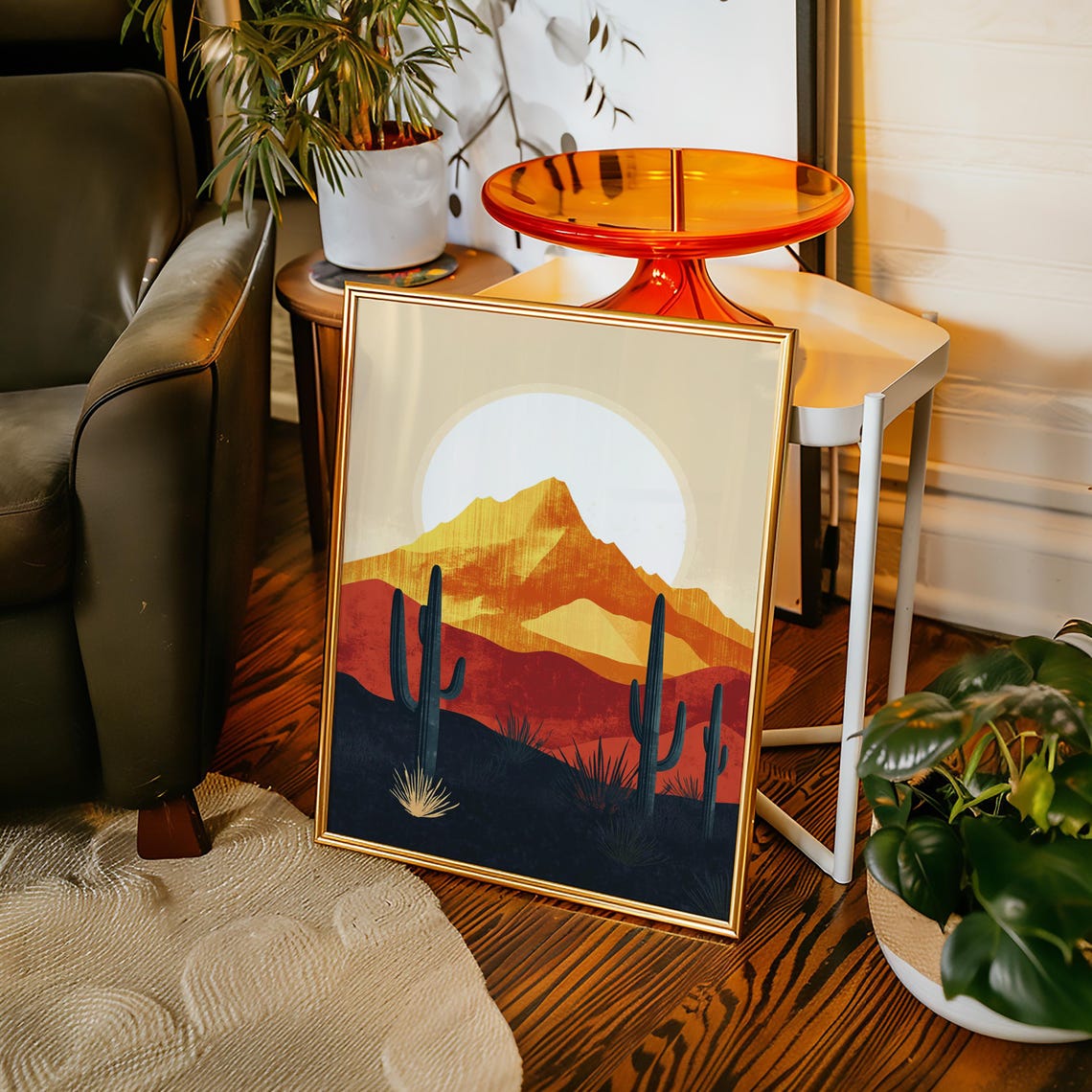 Desert Sunset Saguaro Cactus Big Sun Orange Mountain Modern Art Poster