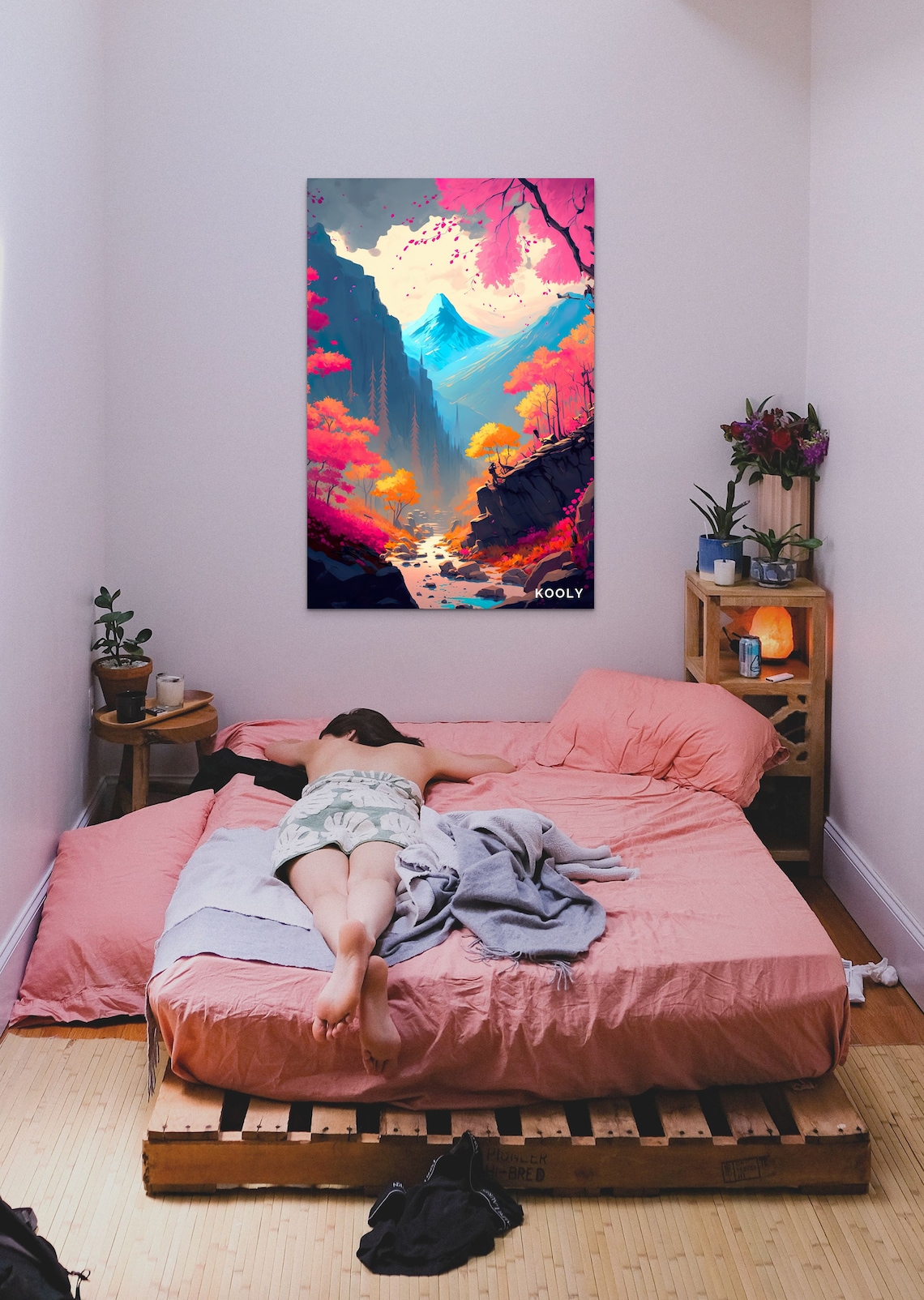Pink Blossom Mountain Valley Stream Anime Style Landscape Poster - Image 4