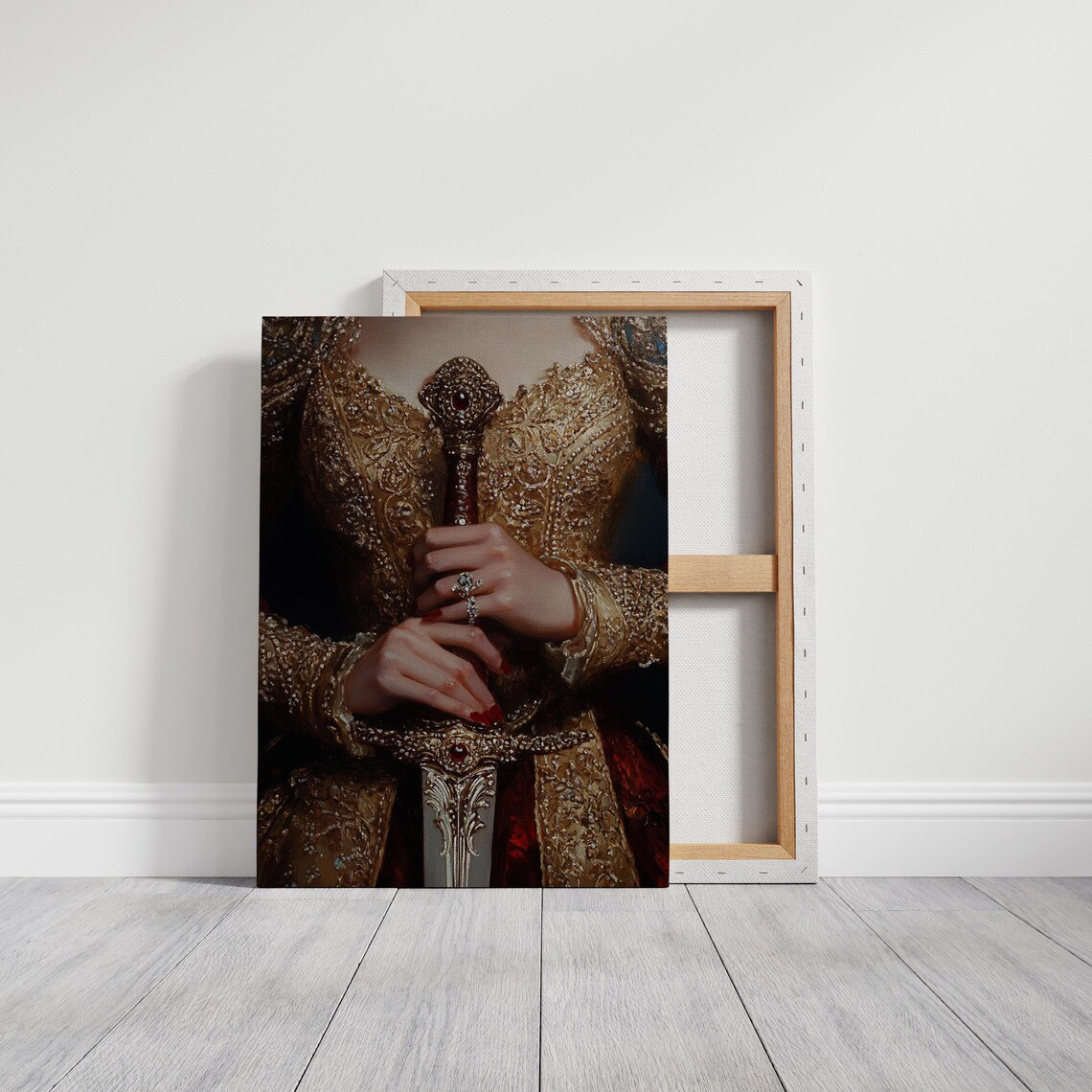 Elegant Medieval Sword Art Ornate Gold Armor Gemstone Embellished Hilt Royal Renaissance Inspired Wall Decor - Image 3