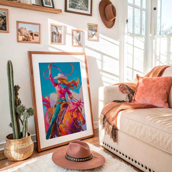 Cowgirl Riding Horse With Lasso Vibrant Pop Art Western Poster