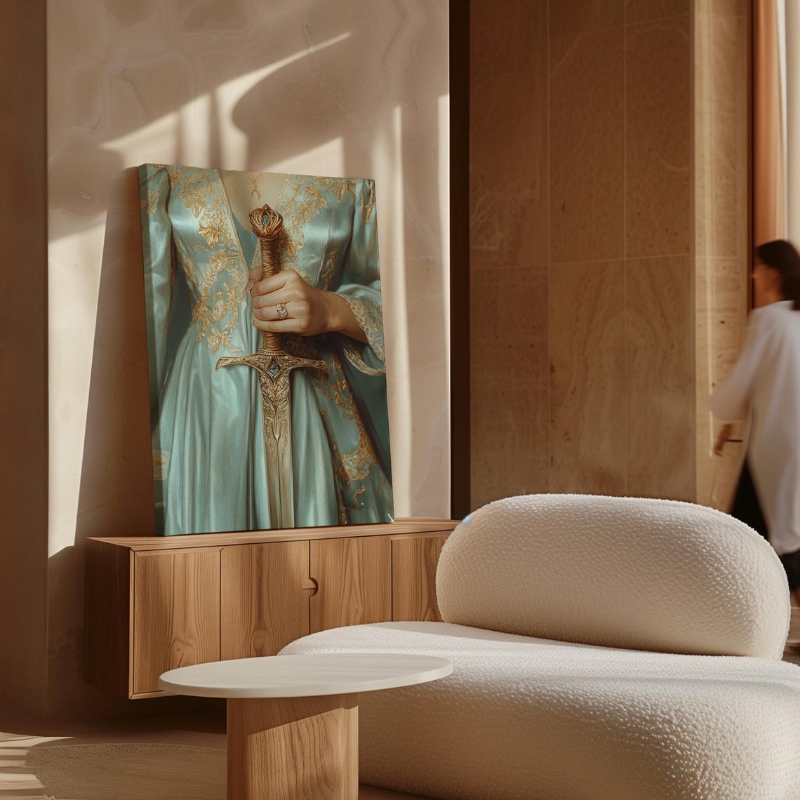 Warrior Queen in Ice Blue Gown Holding Ornate Golden Sword Poster - Image 5