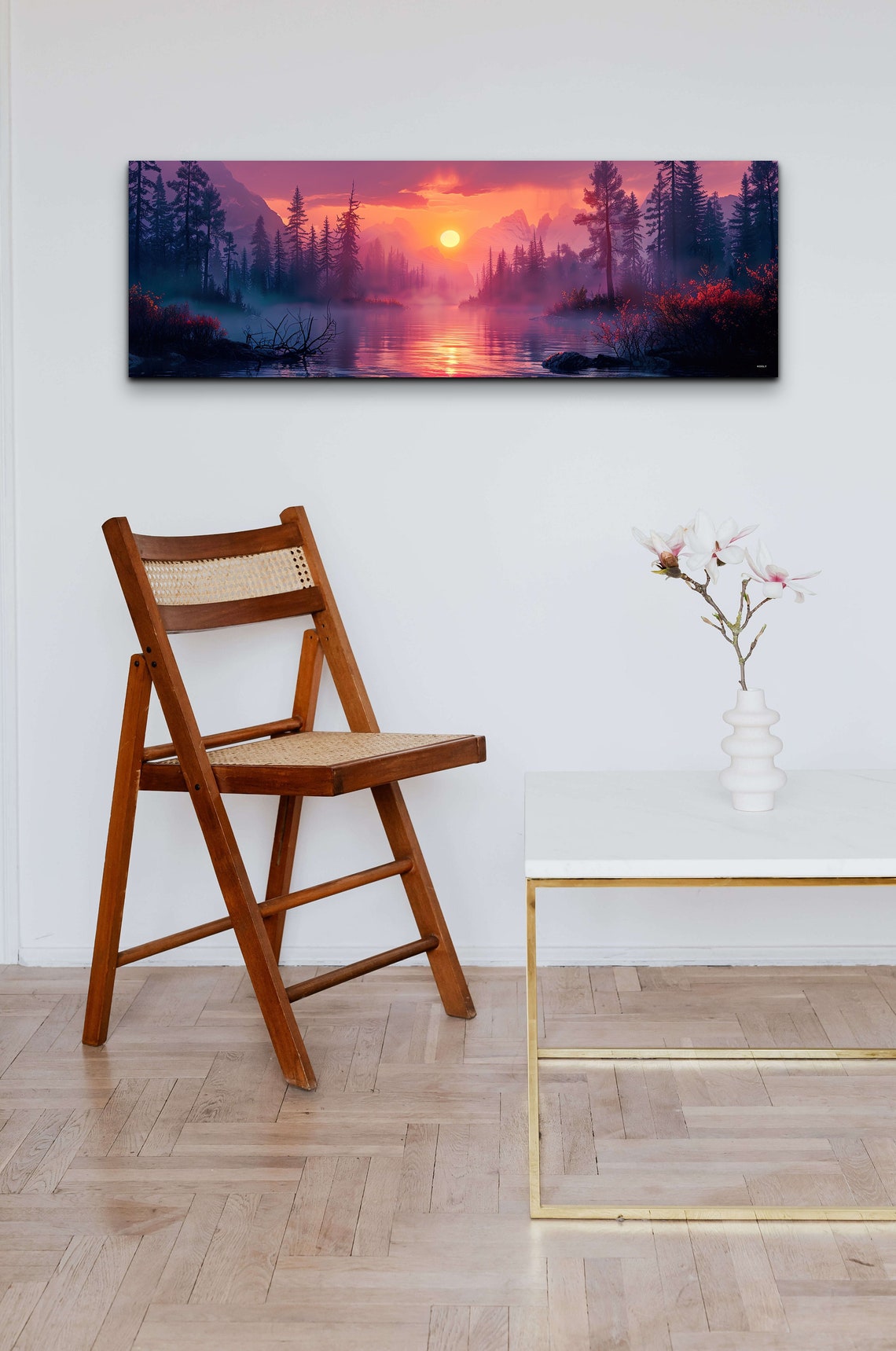 Mountain Lake Sunset Pine Trees Misty Orange Sky Panorama Wall Art - Image 4