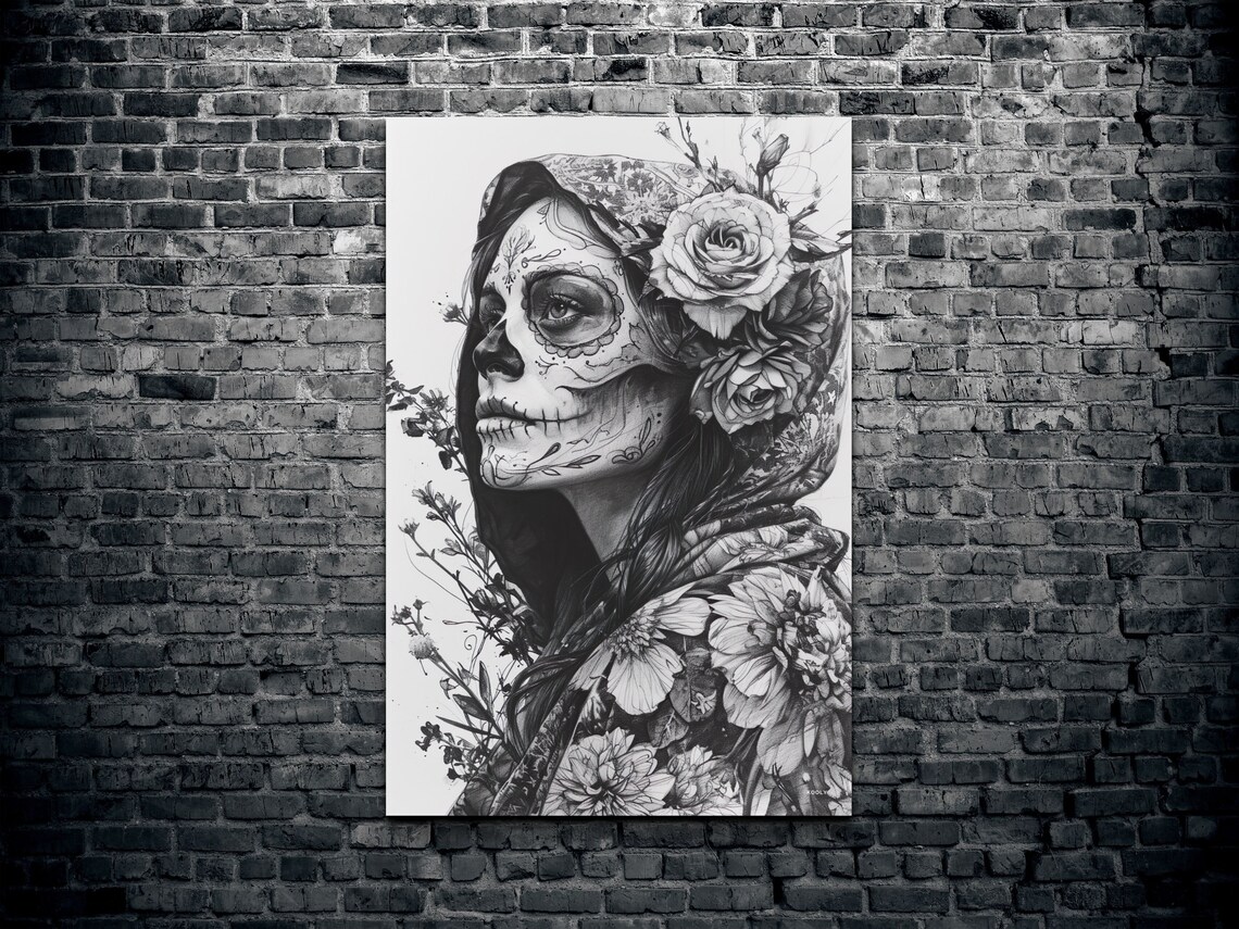 La Catrina Day Of The Dead Sugar Skull Roses Portrait Wall Art - Image 2