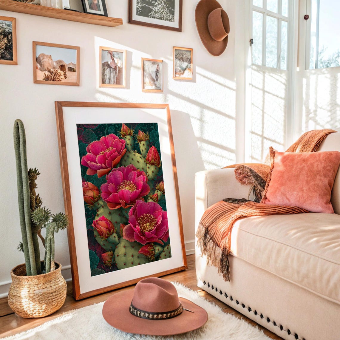 Prickly Pear Cactus With Vibrant Pink Blooms Botanical Wall Art