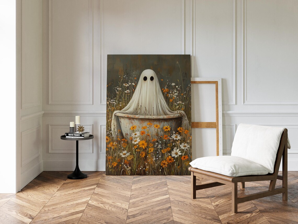 Cute Ghost In Vintage Bathtub Wildflower Halloween Art Poster - Image 3