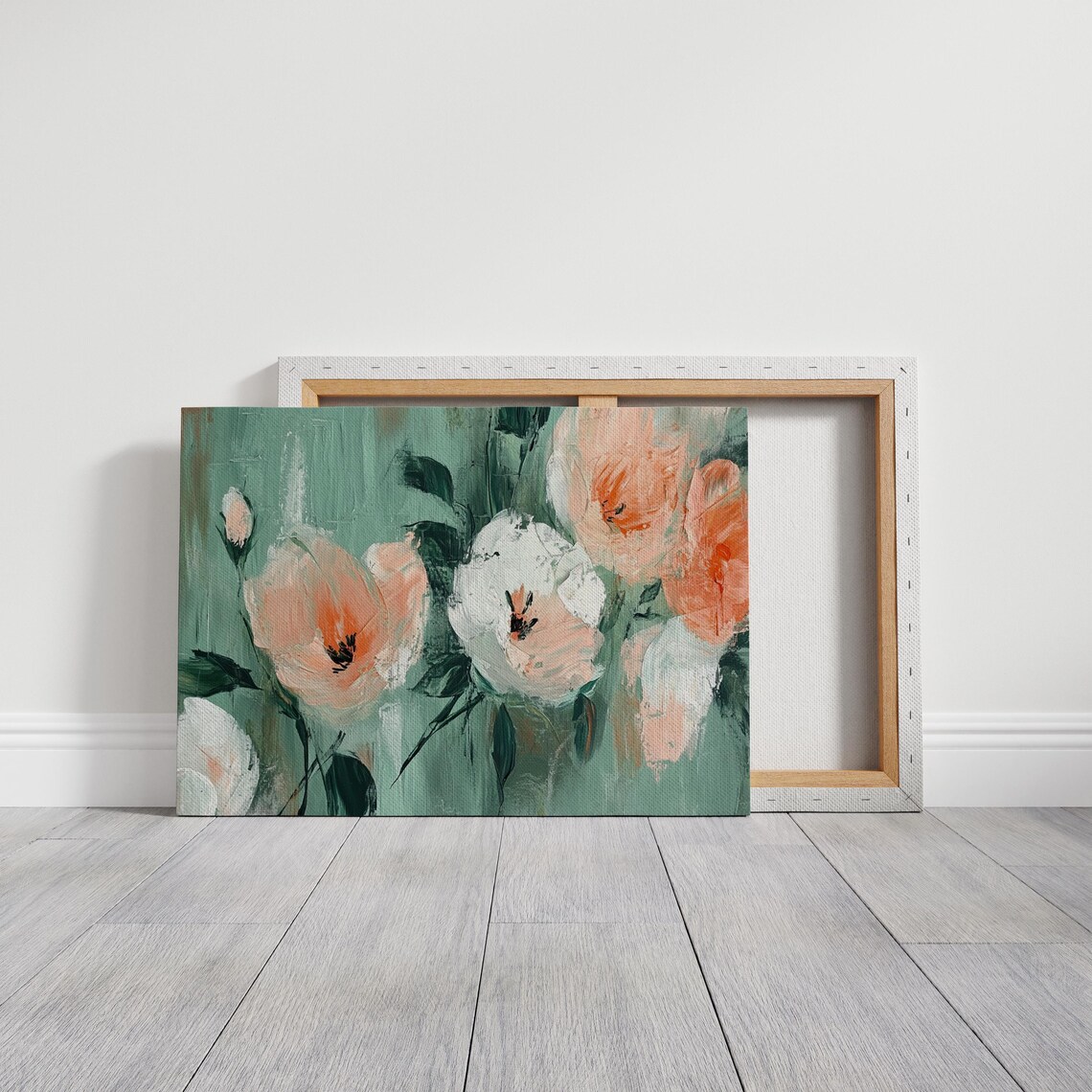 Peach White Poppy Blooms On Sage Green Modern Floral Art Poster - Image 3