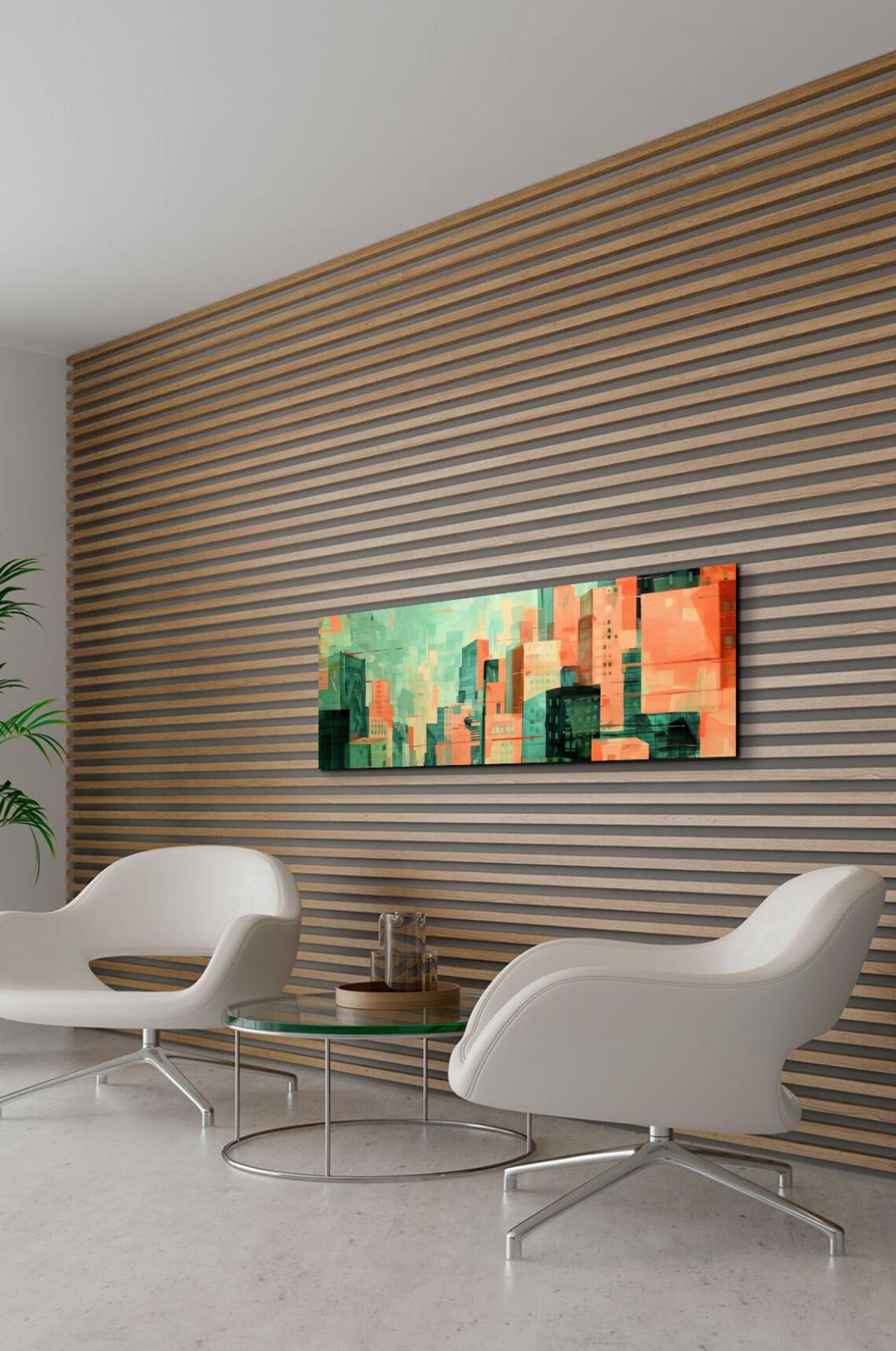 Abstract Coral and Teal City Skyline Geometric Modern Art Poster - Image 7