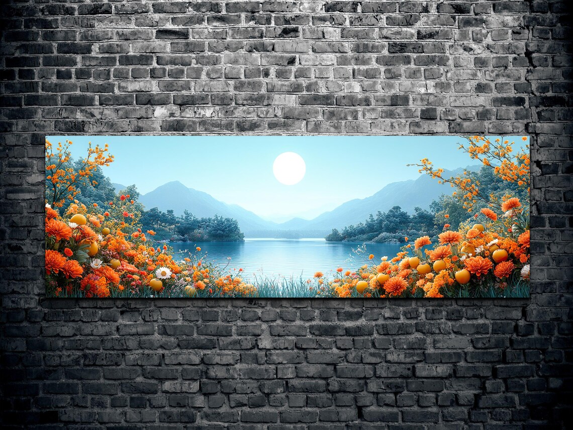 Panoramic Mountain Lake With Orange Wildflowers Under a Bright Sun Poster - Image 2