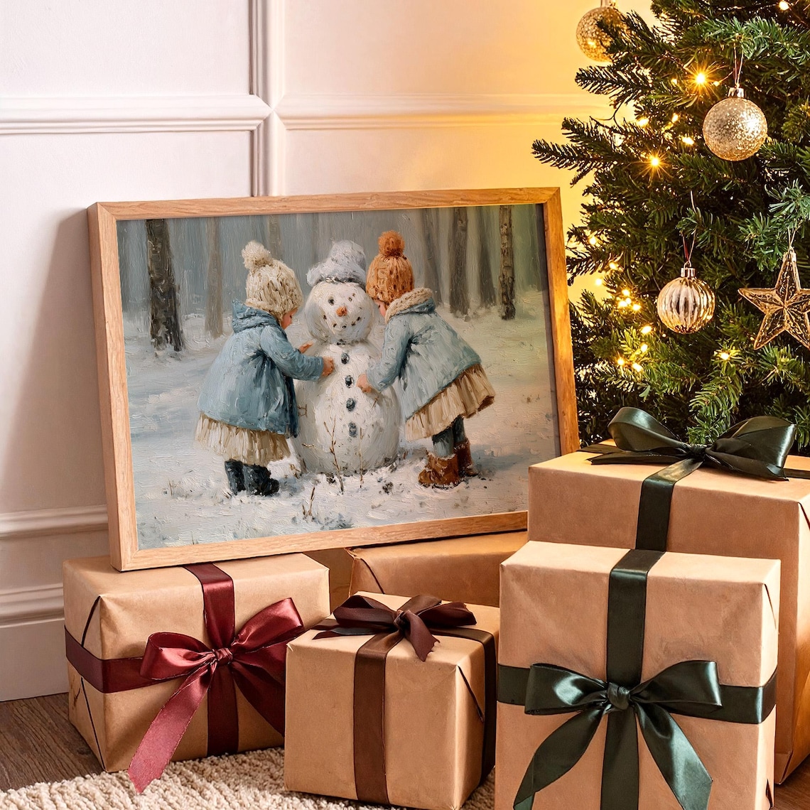 Children Building Snowman Vintage Winter Scene Holiday Poster