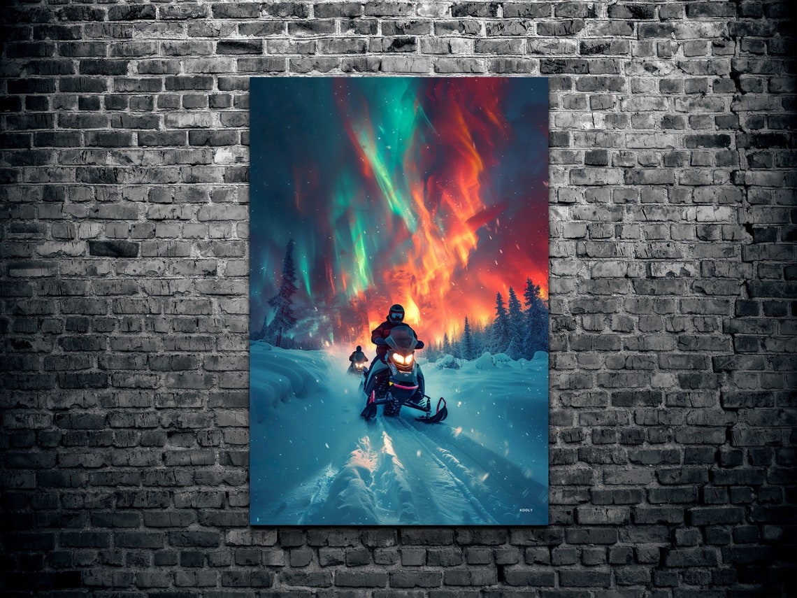 Snowmobile Rider Under Northern Lights Aurora Winter Night Poster - Image 2