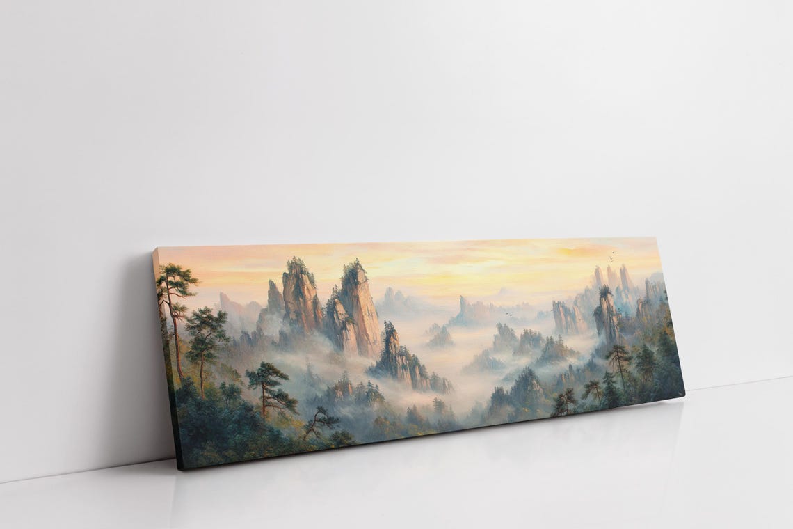 Misty Asian Mountain Peaks Panoramic Ink Wash Landscape Poster - Image 3