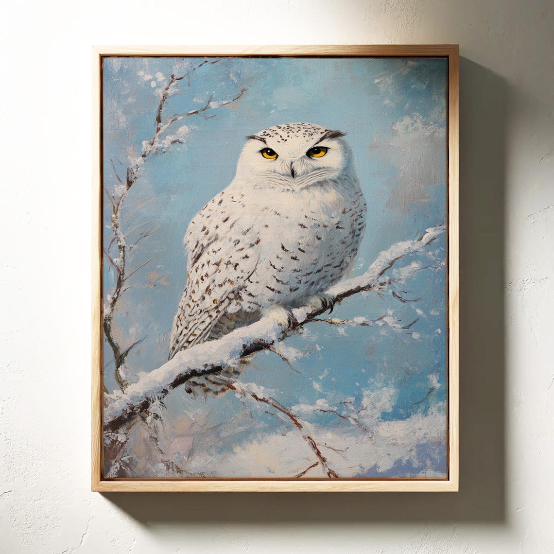 White Snowy Owl on Snowy Branch Against Pale Blue Sky Art Print - Image 4